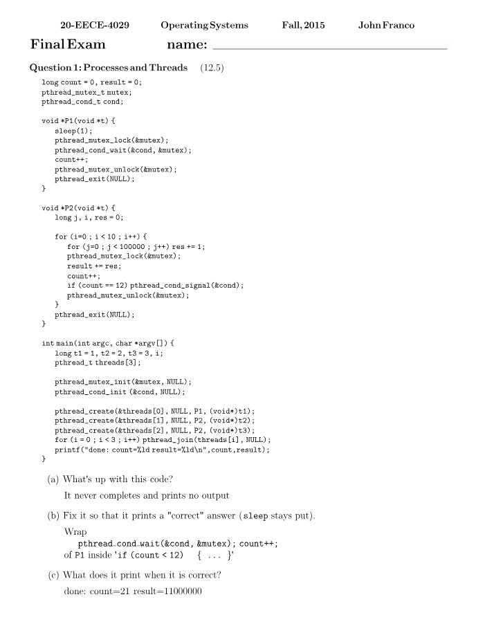 Final Exam - Operating Systems - Processes, Threads, and Memory