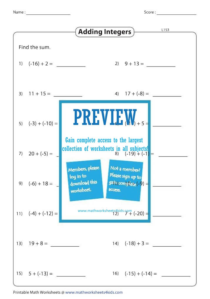 Answer Key - Adding Integers Worksheet