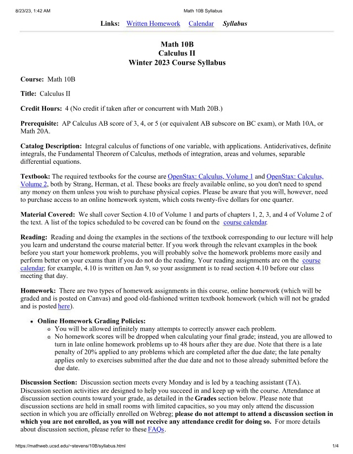 Math 10B - Course Syllabus