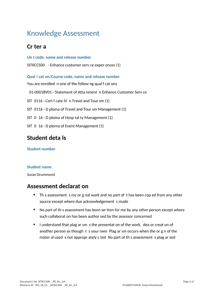SITXCCS007 - Knowledge Assessment 1 of 3