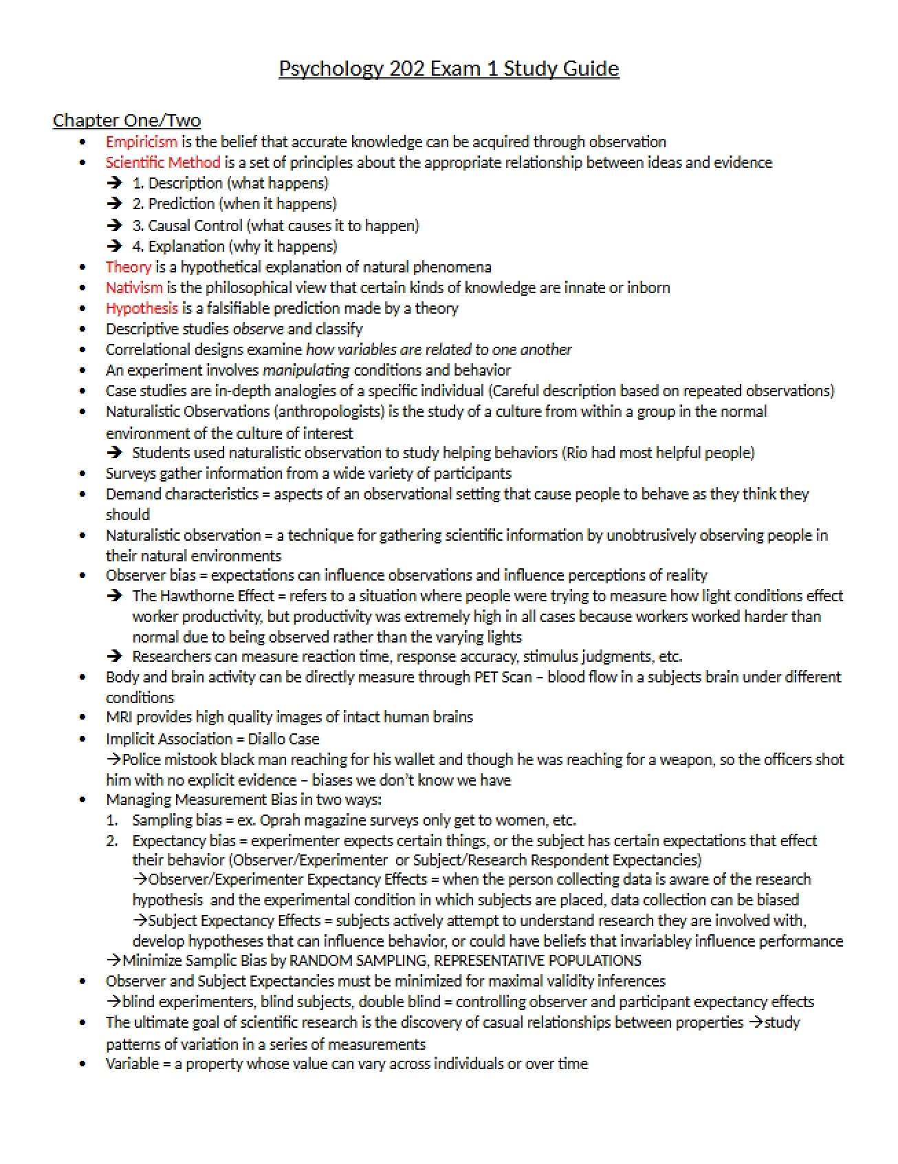 Psychology Exam 1 Review Guide