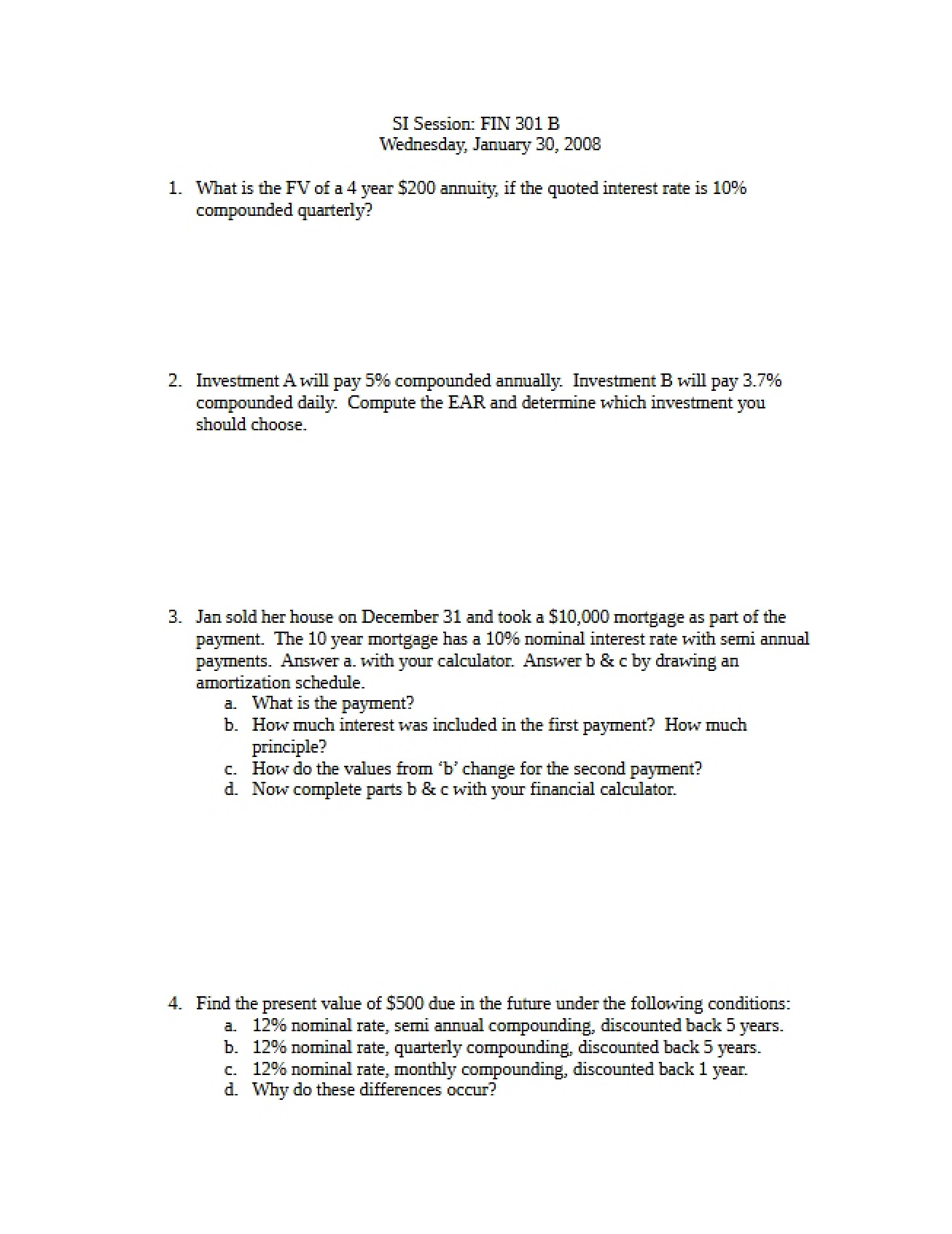Sample Test for a Principles of Finance Exam