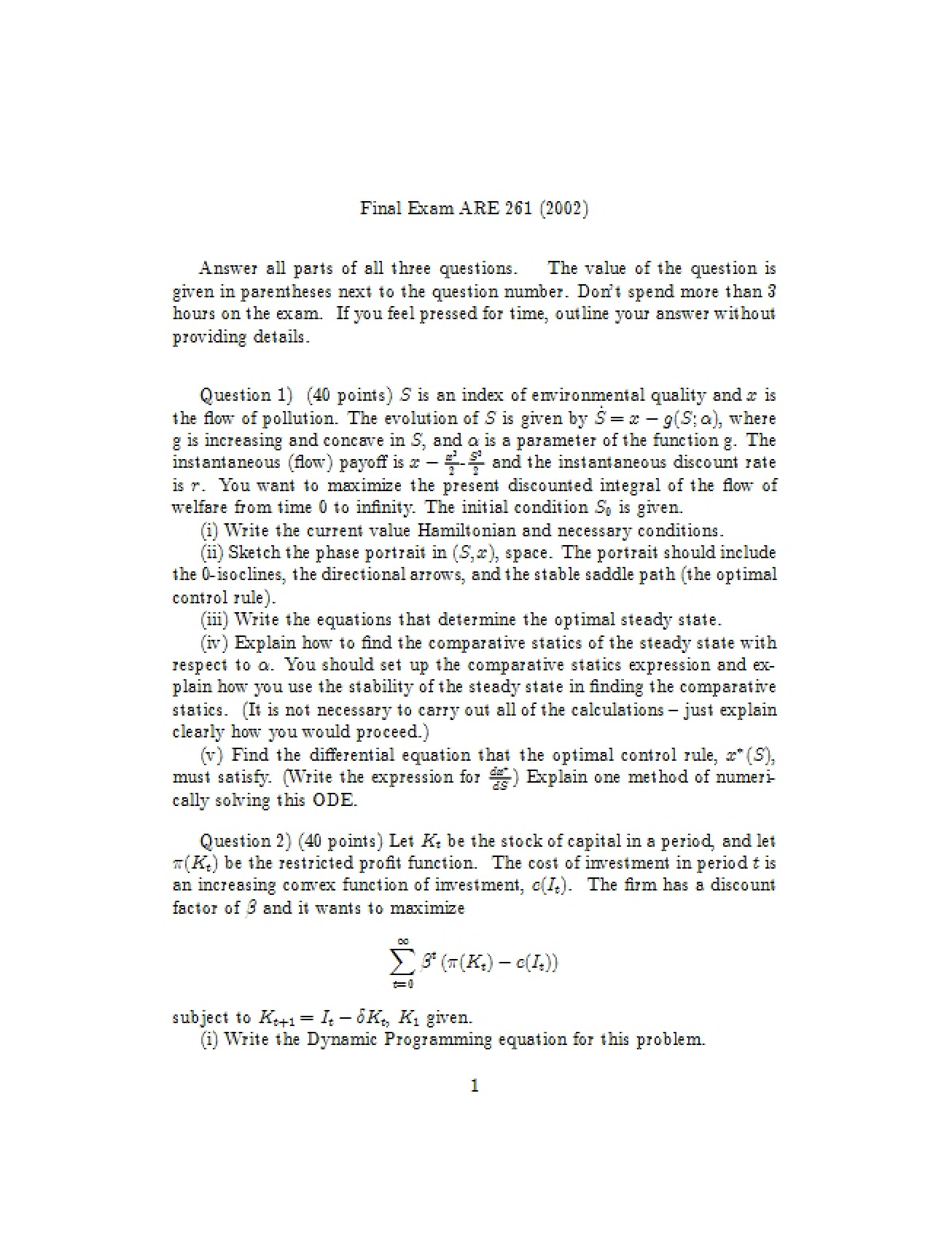 Final Examination for ARE 263
