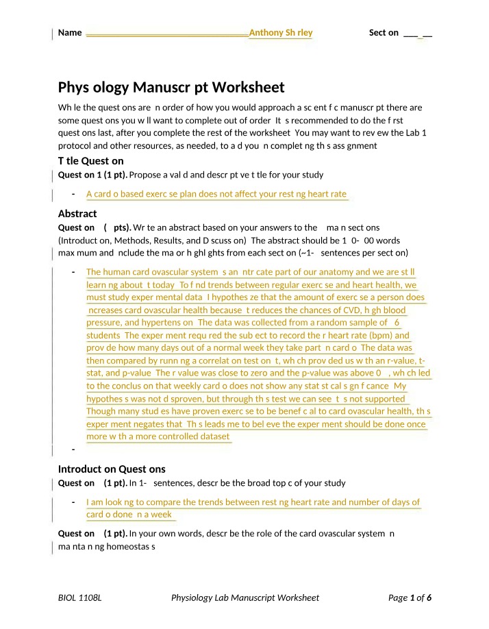Worksheet for Physiology Manuscript