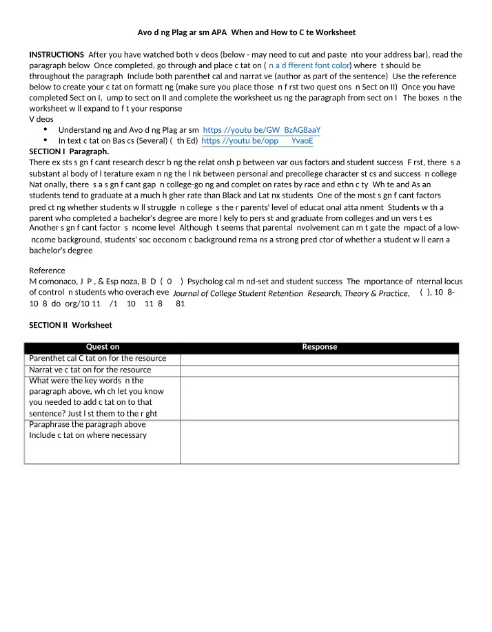Avoiding Plagiarism - APA Citation Worksheet