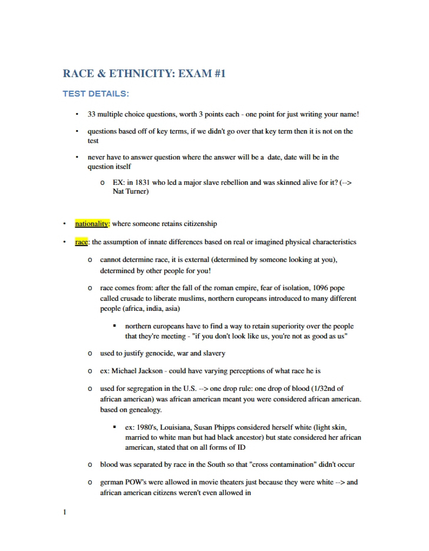 RACE AND ETHNICITY FIRST EXAM