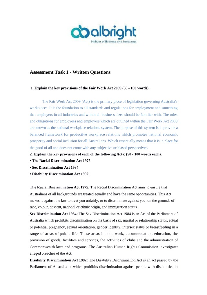 Assessment Task 1 Written Questions Final Version