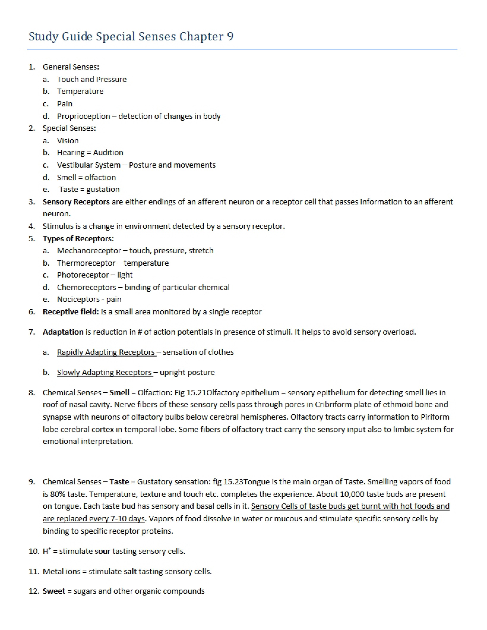 Special Senses Study Guide