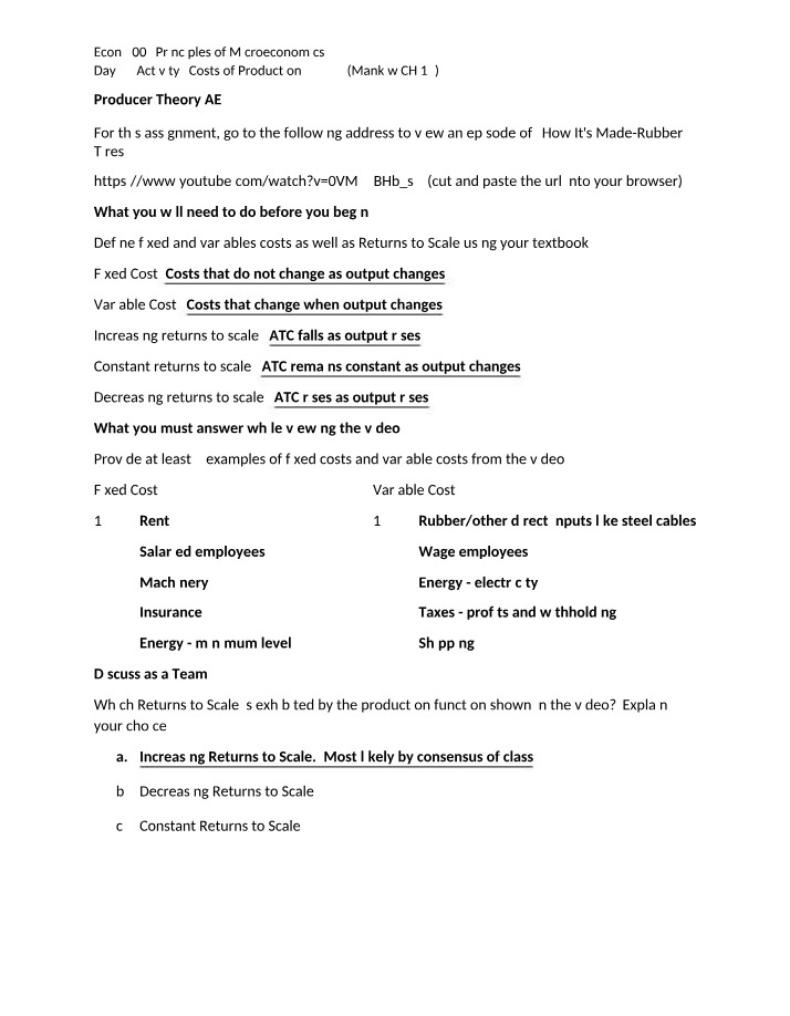 ECON200 - Costs, Returns, and Scale
