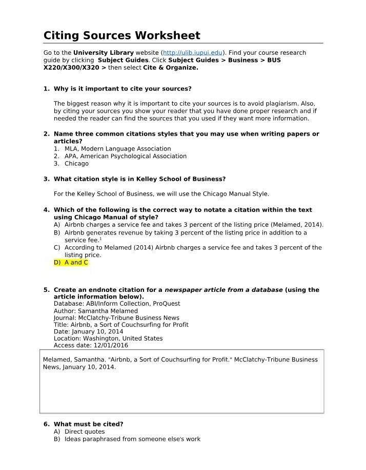 Worksheet for Citing Sources