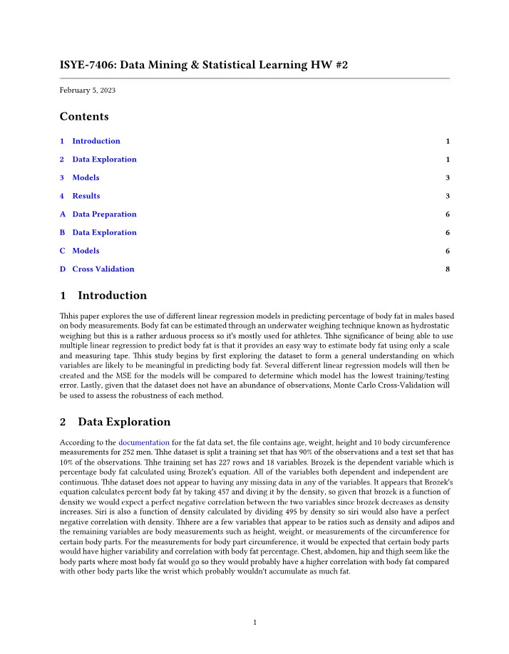 Predicting Body Fat in Males - Linear Regression Models