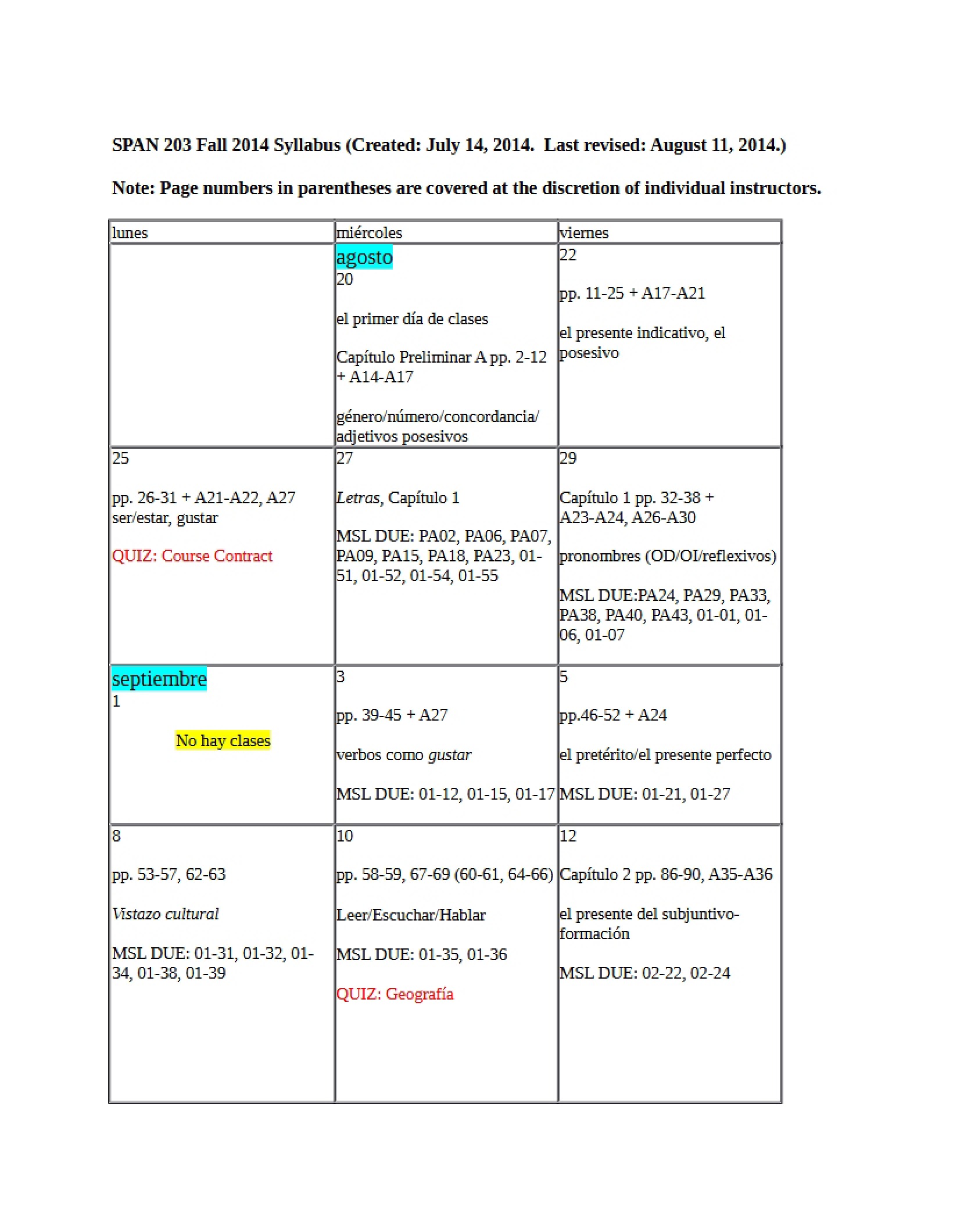 Fall 2014 Spanish Syllabus