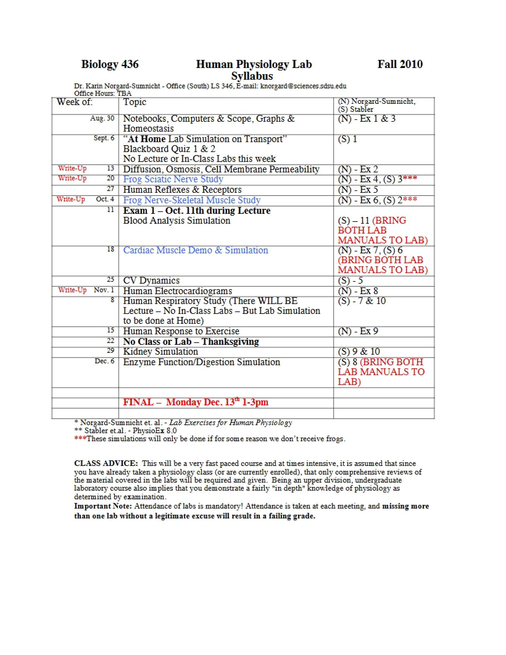 Lab Syllabus Human Physiology