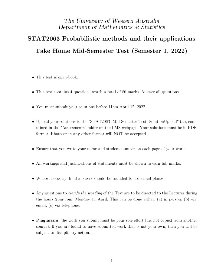 Take-Home Mid-Semester Test - STAT2063