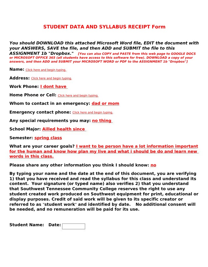 Syllabus and Student Data Receipt Form