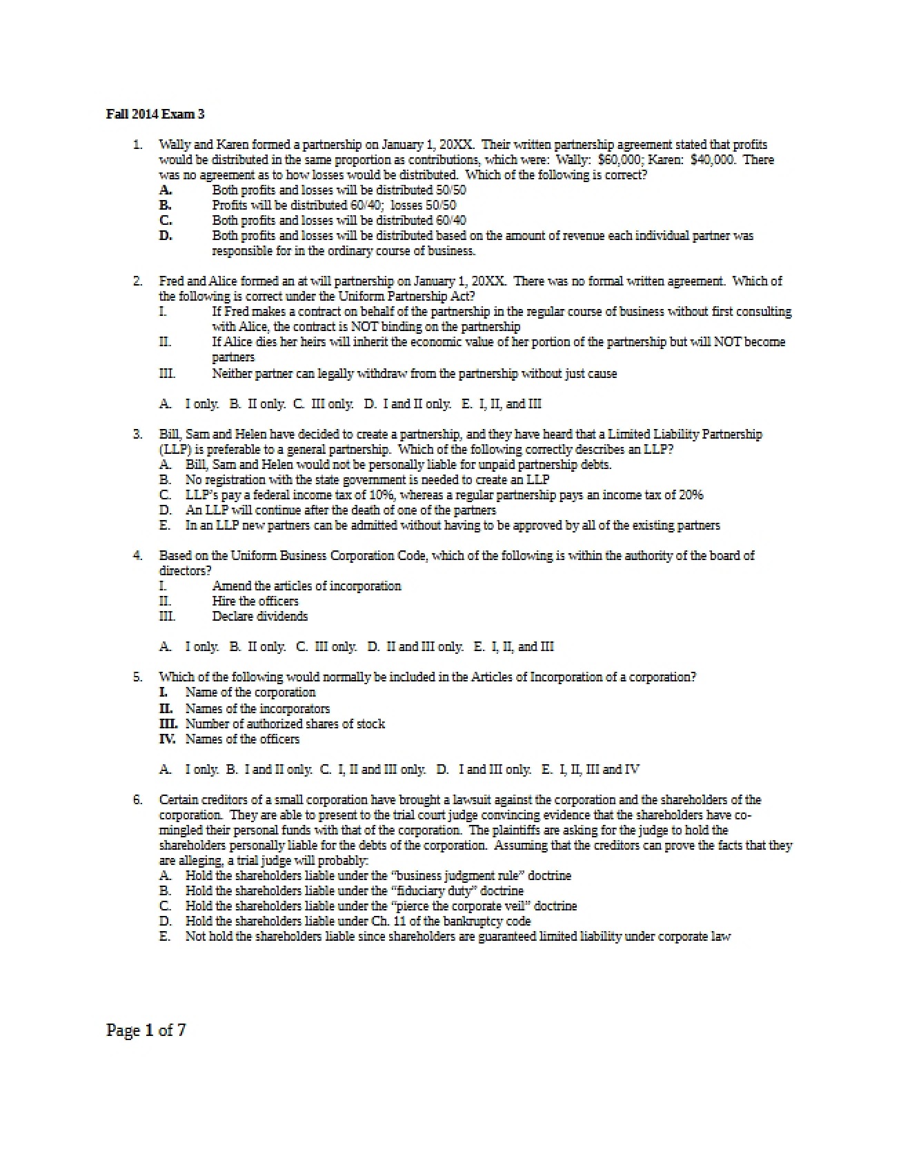 Business Law Third Exam for Fall 2014