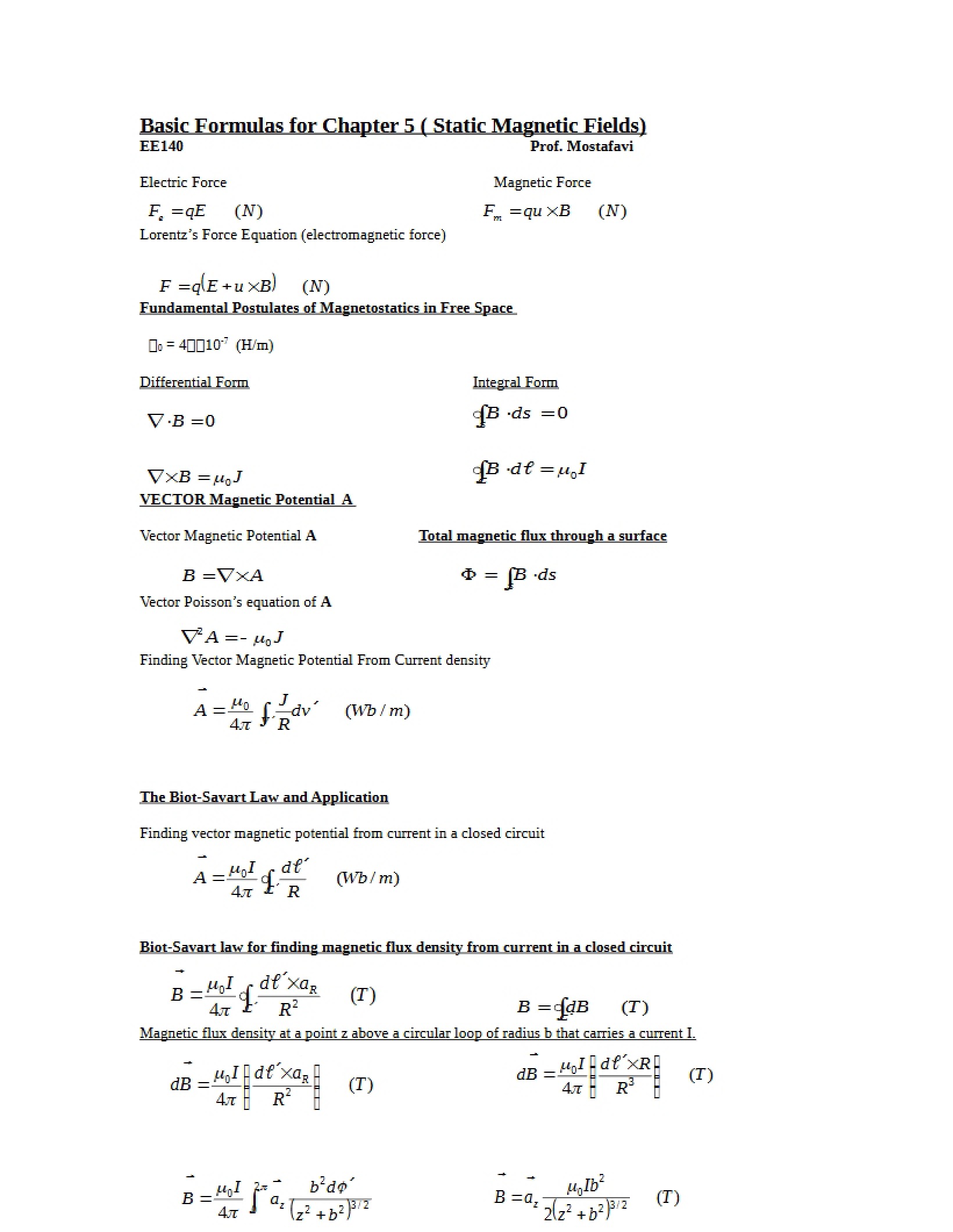 Updated Formulas for Chapter 5