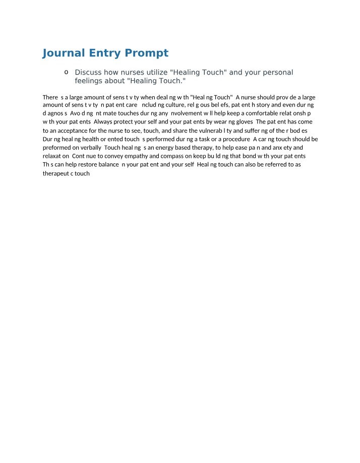Healing Touch in Nursing Practice - Journal Entry Prompt