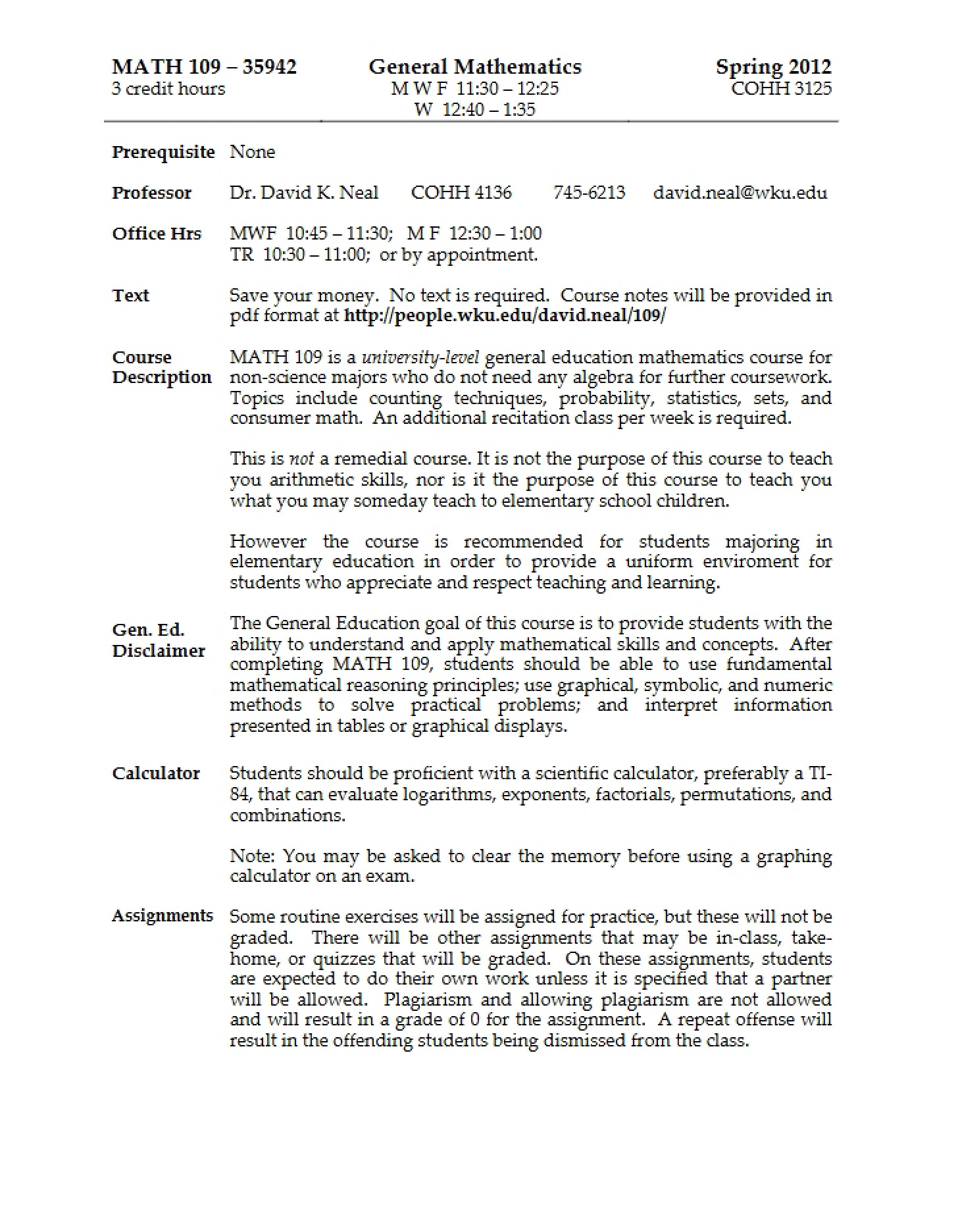 Course Syllabus Math 109