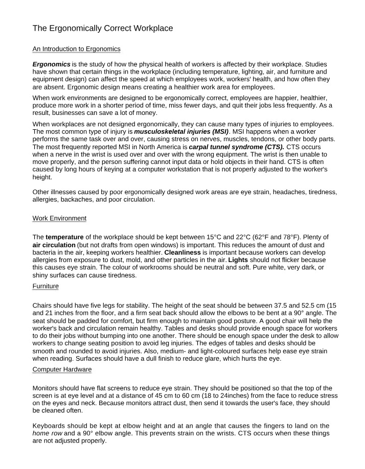 Workplace Ergonomics - Study Guide and Questions