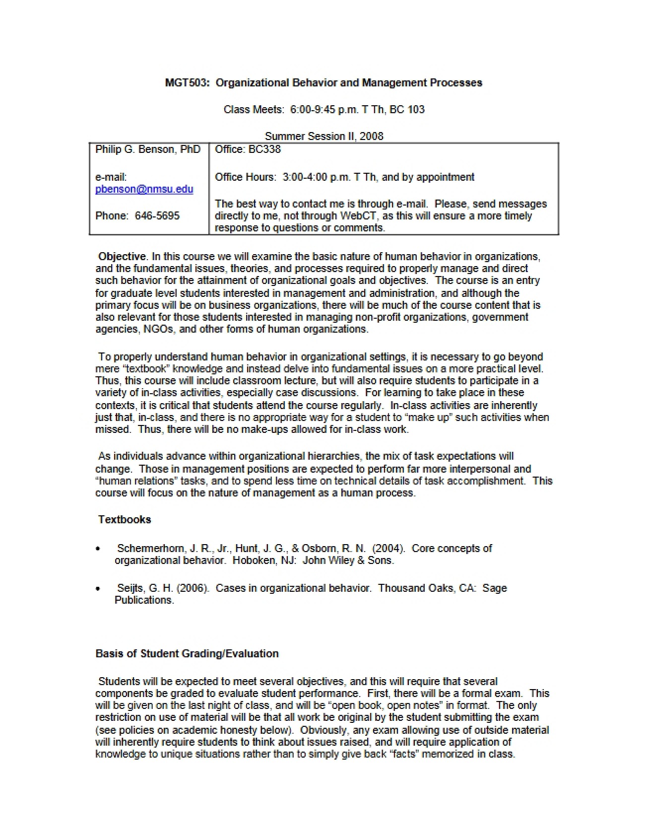 Syllabus for the Organizational Behavior and Management Processes Course
