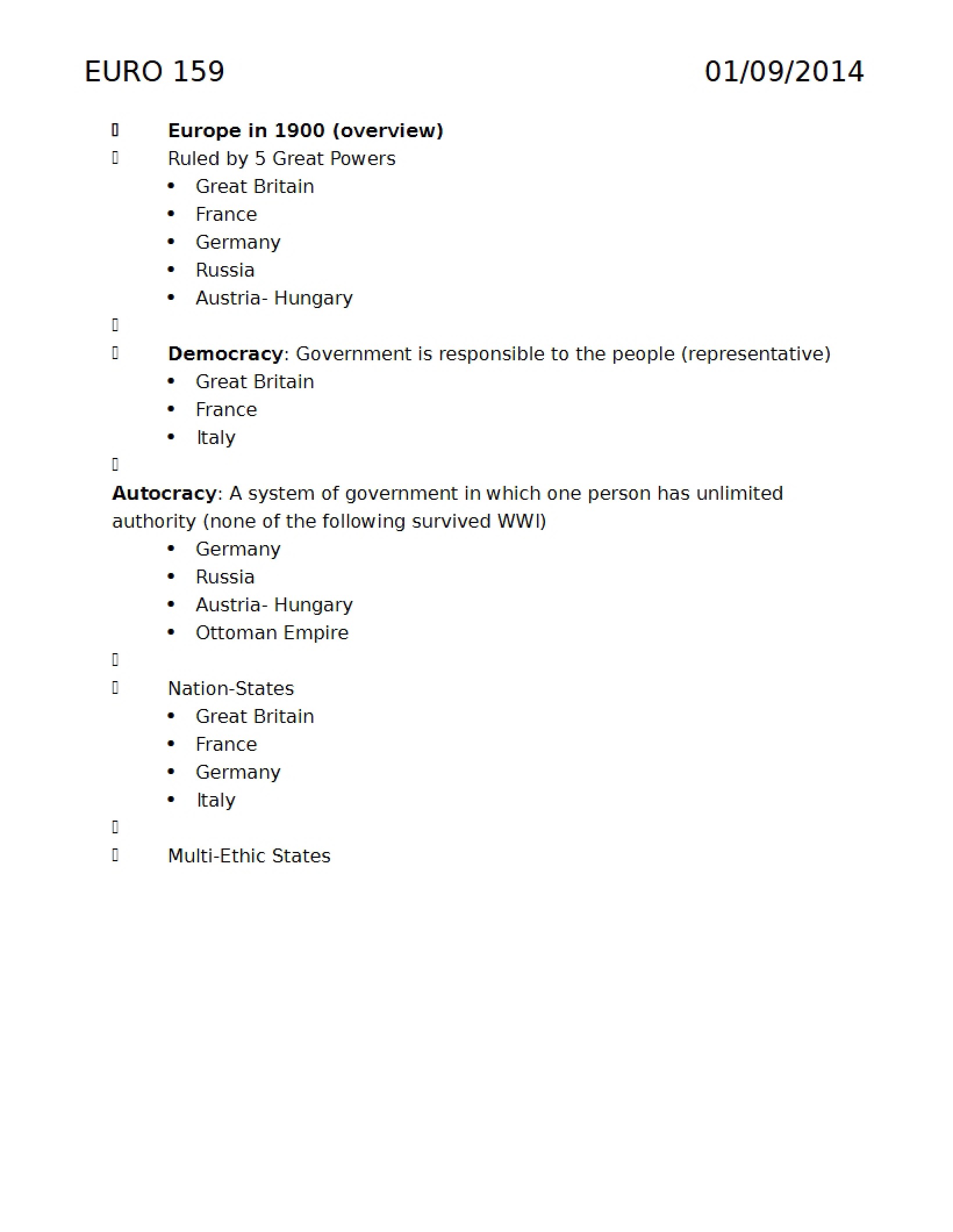 20th Century Europe Class Notes