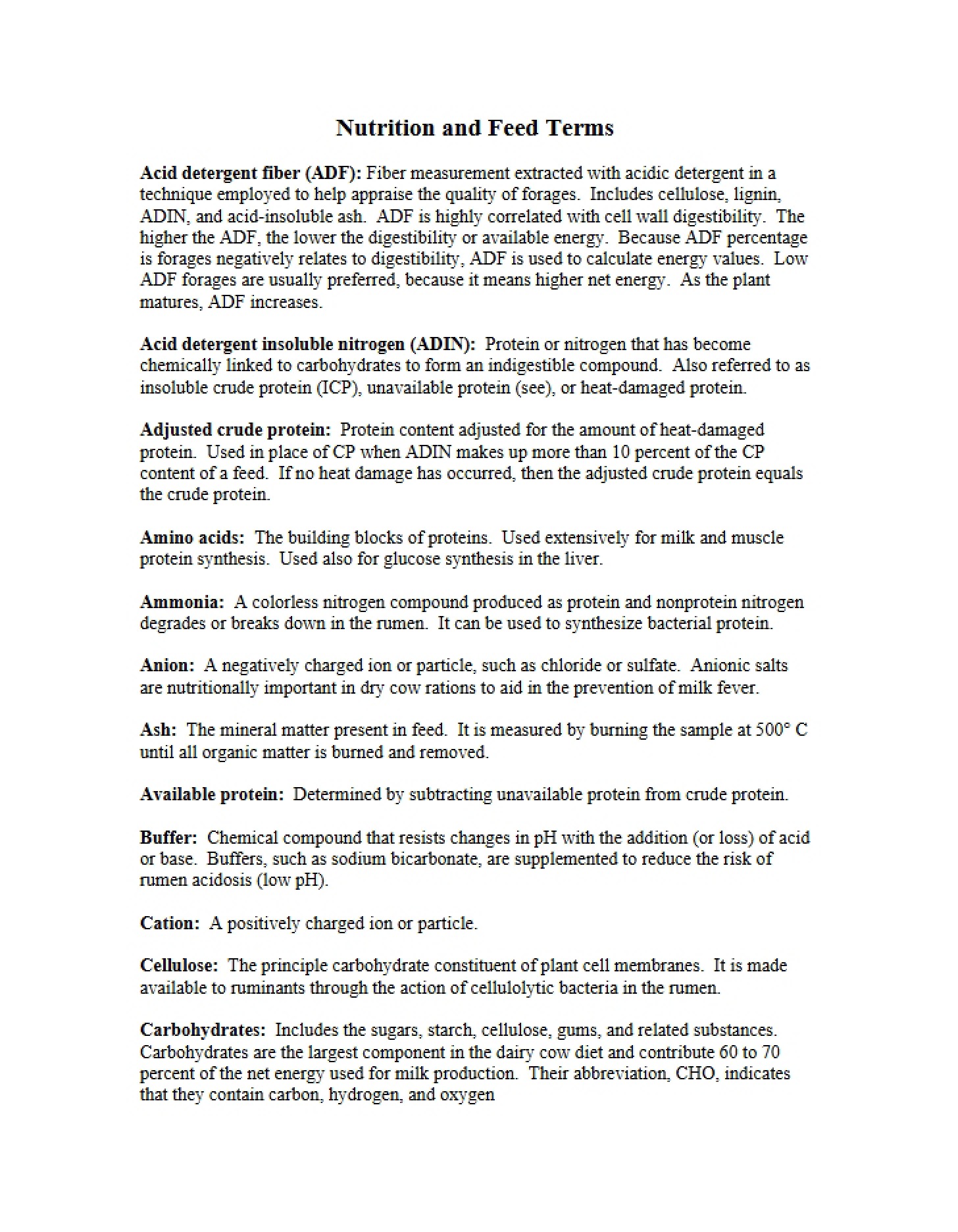Terms for Feed and Nutrition