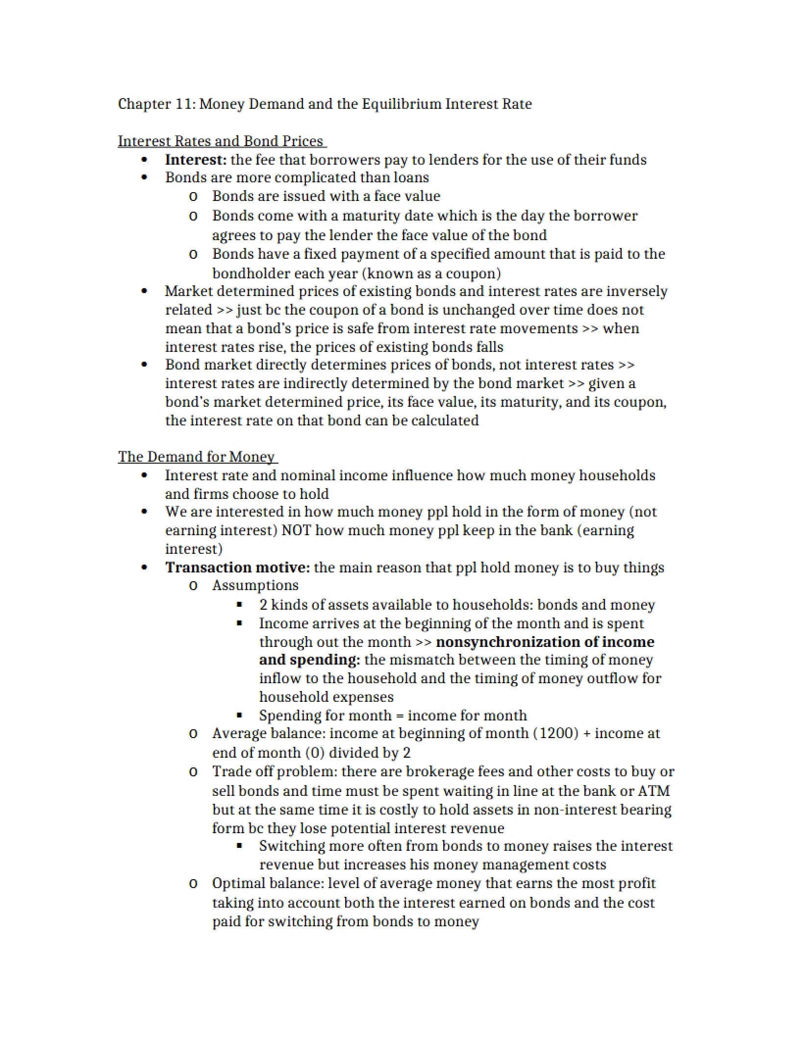 Interest Rate Equilibrium and Money Demand (Ch 11)