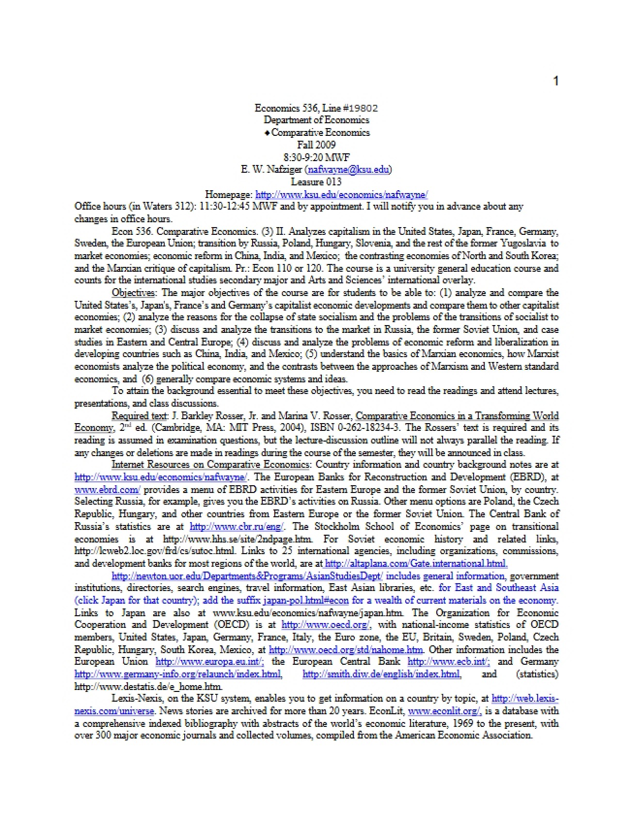 Sample Syllabus for a Comparative Economics Course