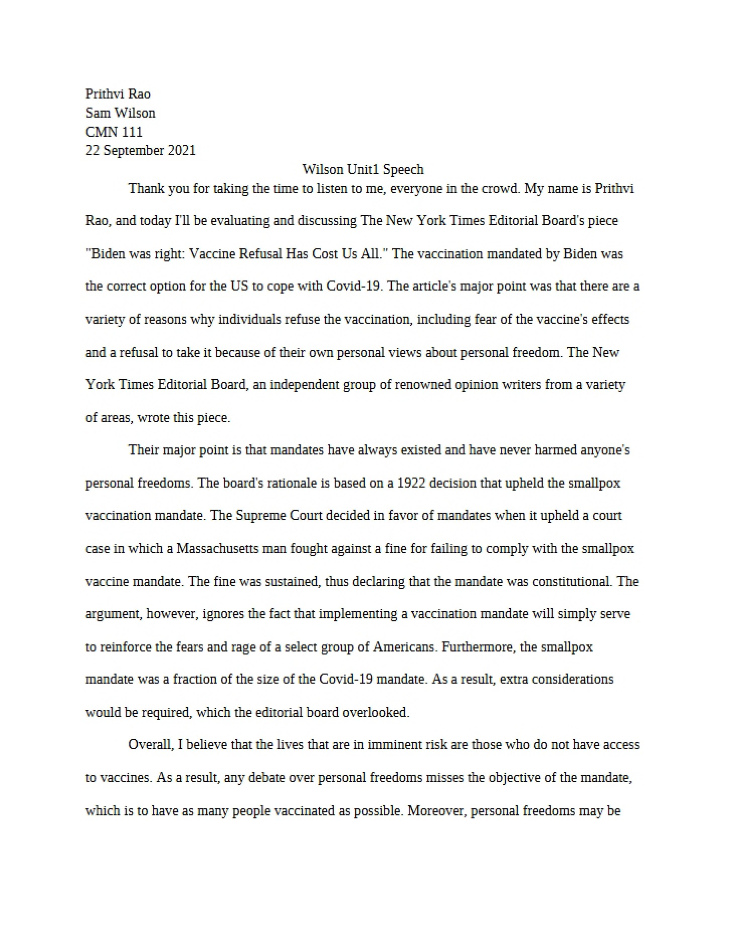 Unit 1 Speech (Wilson)