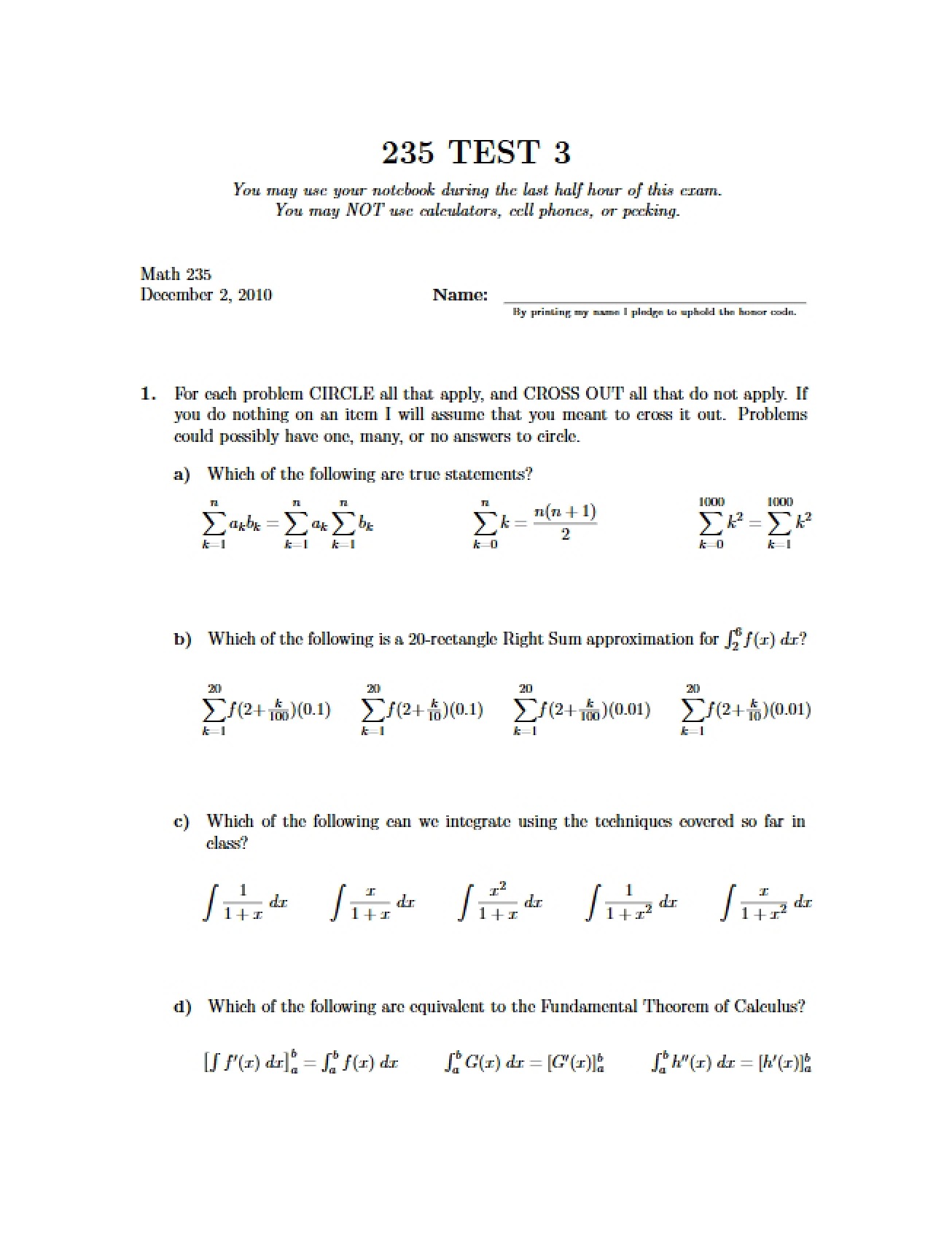 Third Test for a Calculus I Course - MATH 235
