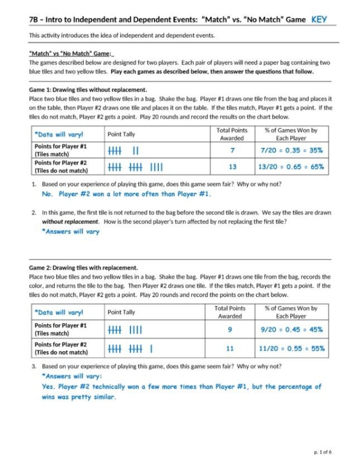 Independent and Dependent Events Match vs No Match Game Key
