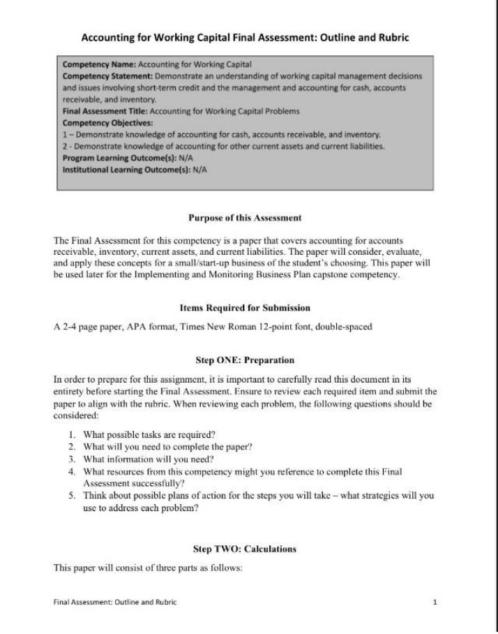 Accounting for Working Capital - Final Assessment Outline