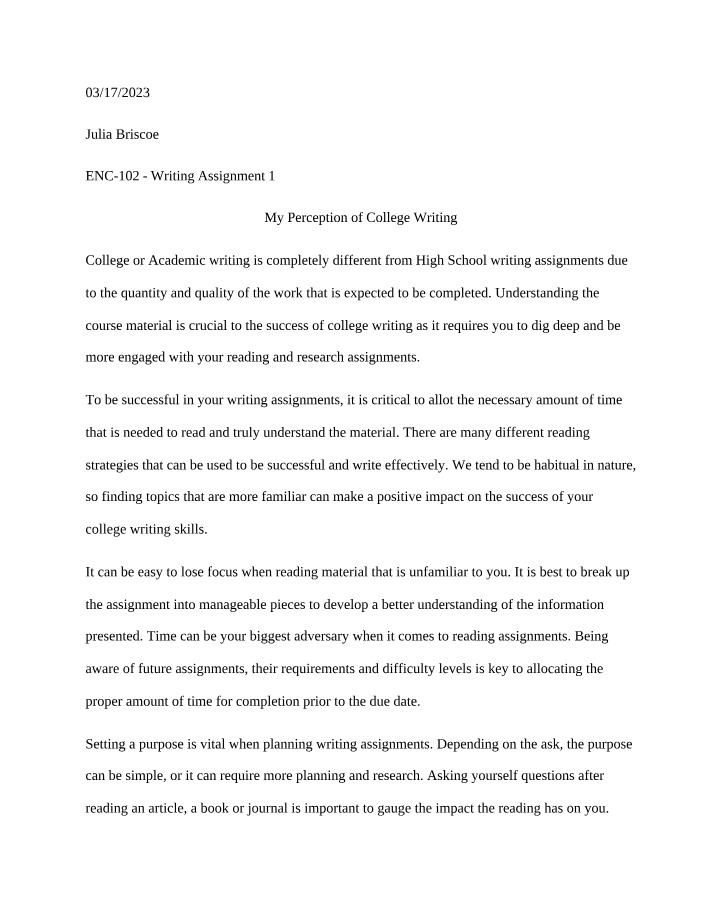 My Perception of College Writing - Writing Assignment 1