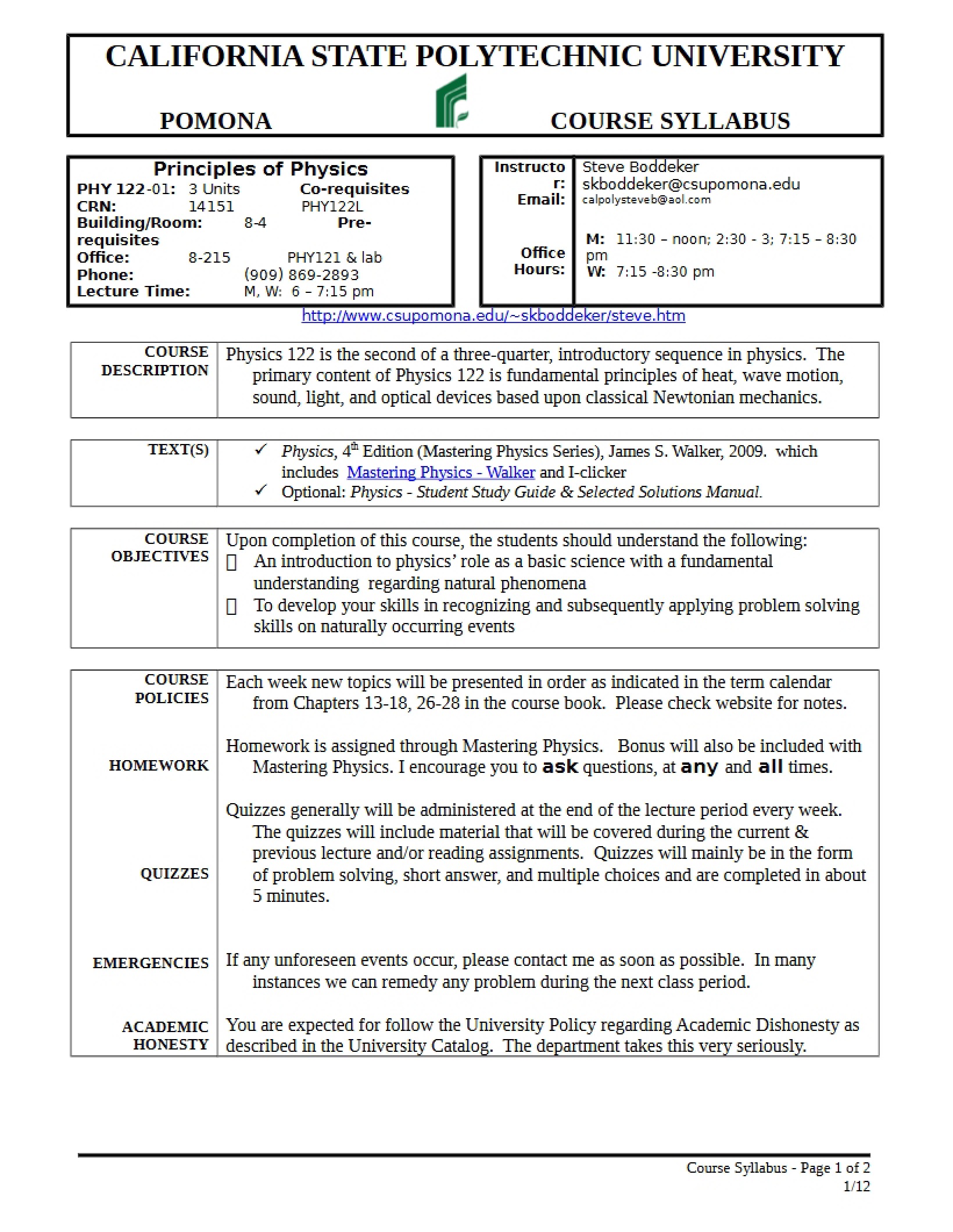 College Physics Course Syllabus