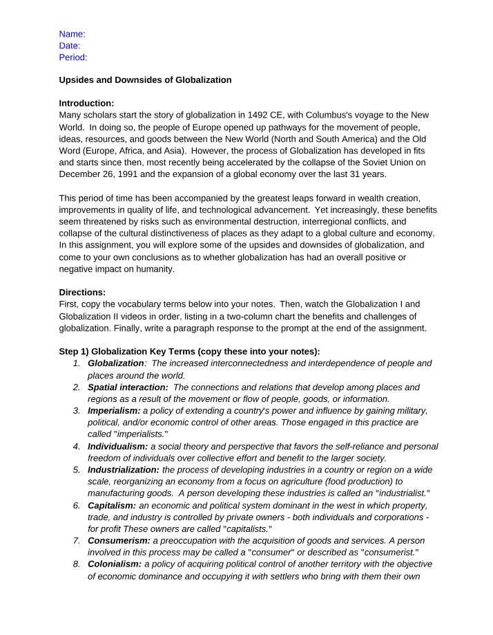 Globalization - Upsides and Downsides Assignment