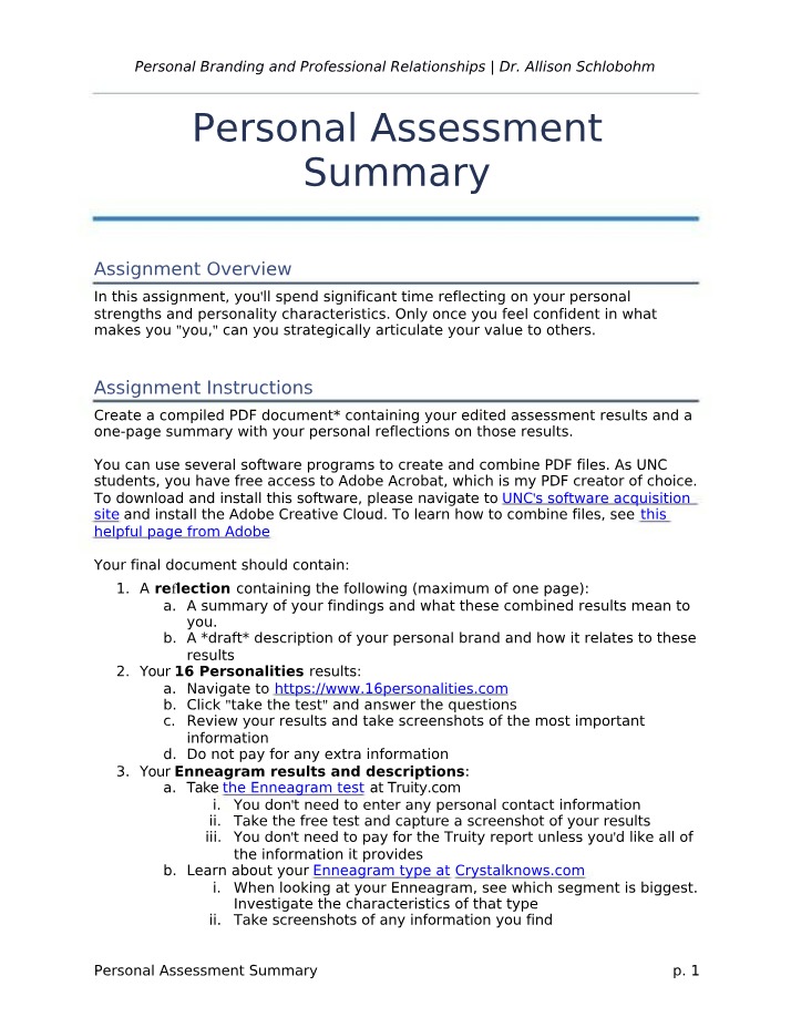 Summary of Personal Assessment