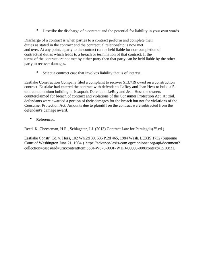 Discharge of Contract - Liability and Eastlake Construction
