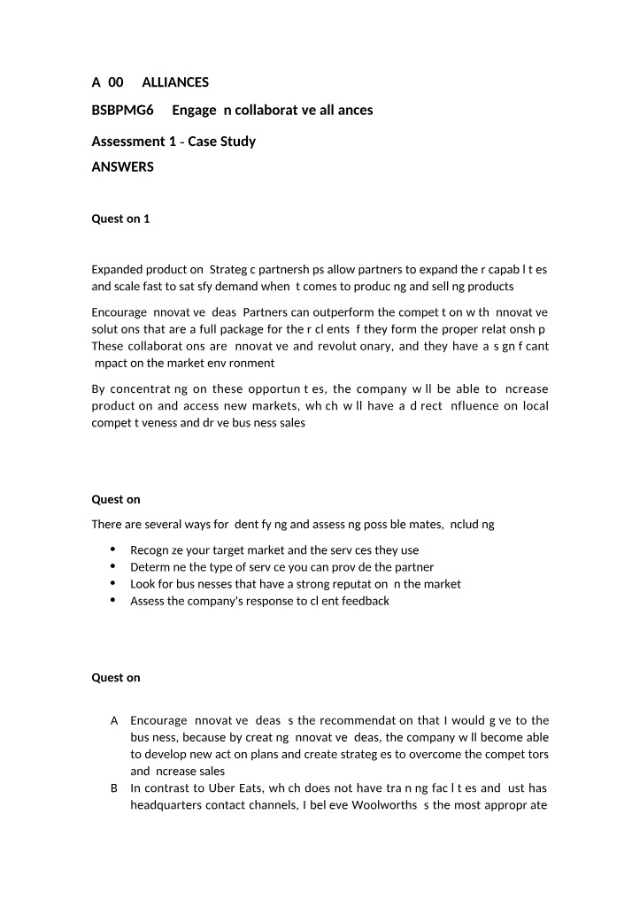 Engage in Collaborative Alliances Assessment 1 Case Study Answers Completed