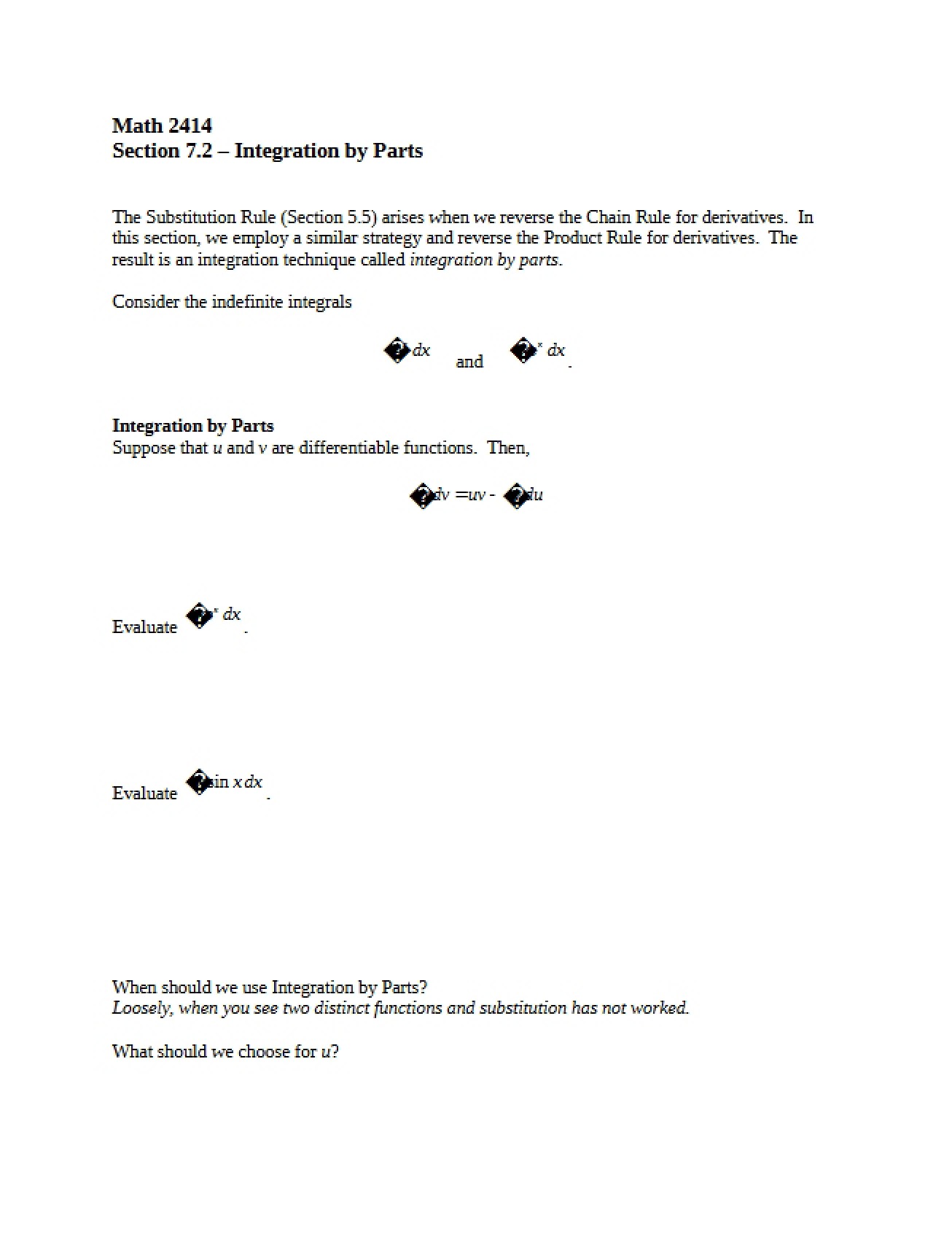 Section 7.2 Math 2414 Topics