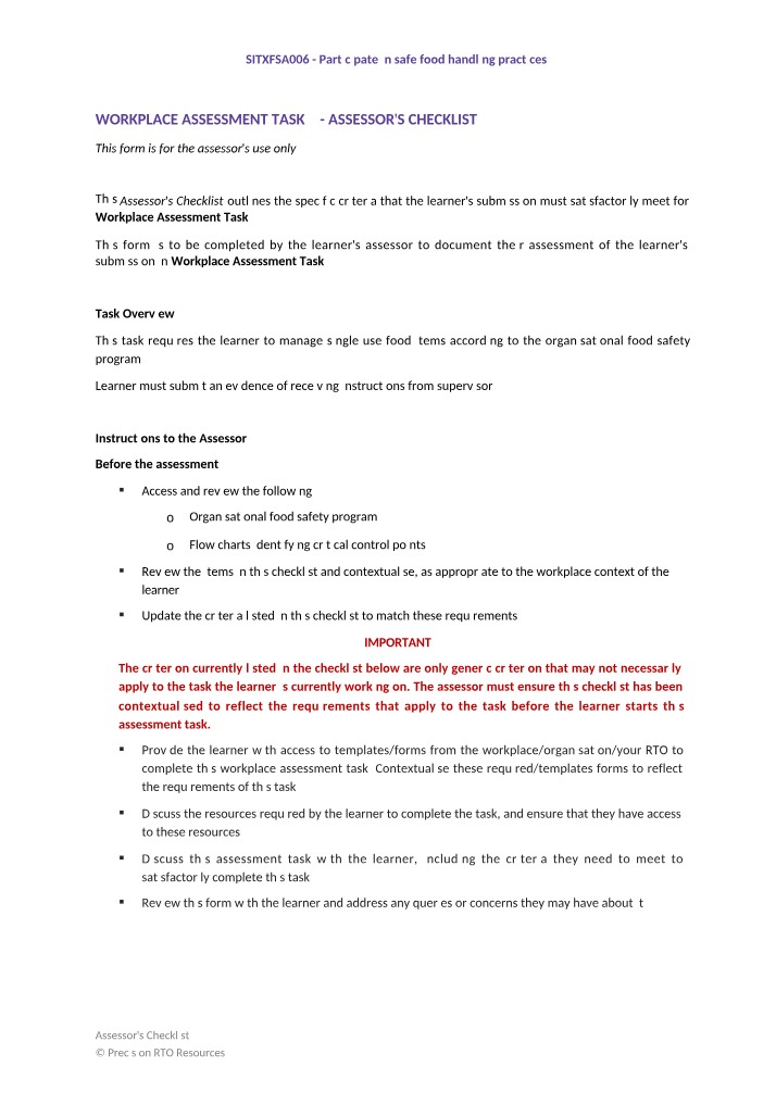 Assessor Checklist