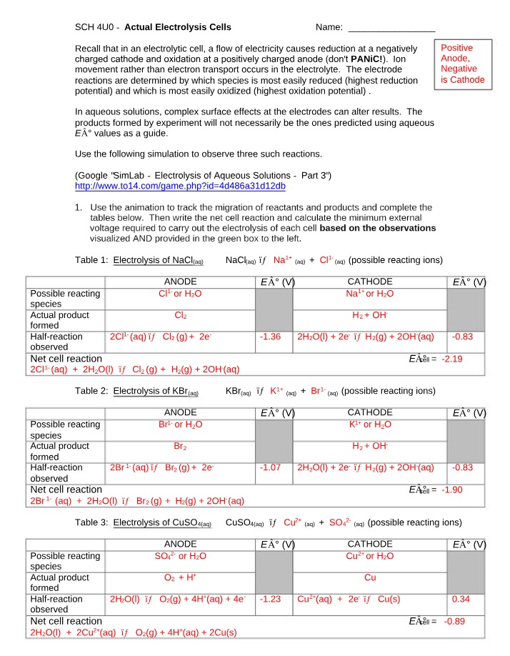 Electrolysis Cells Lab Report