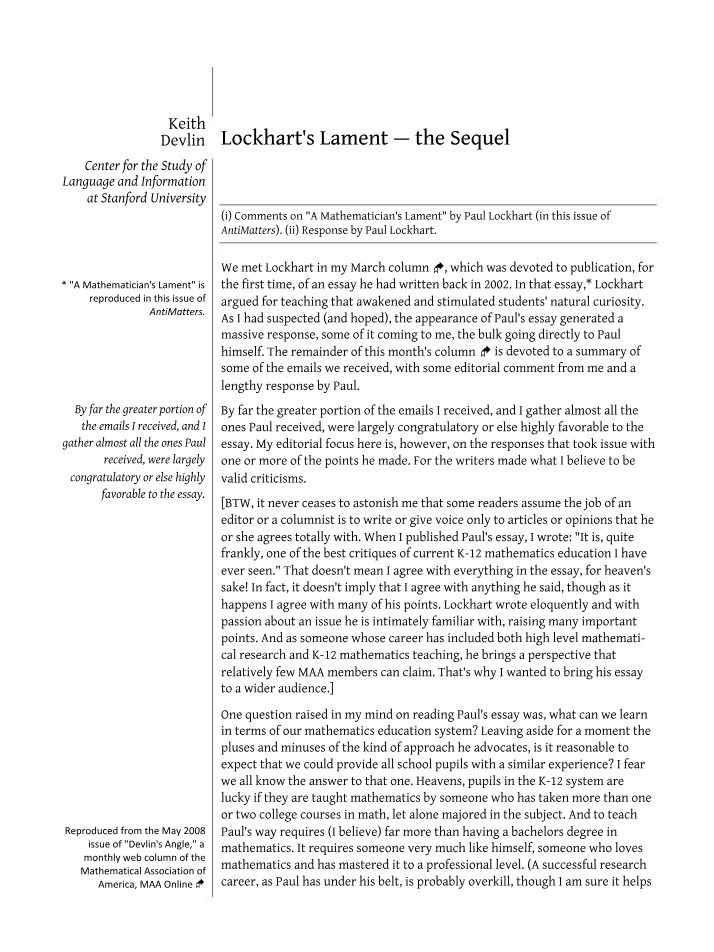 The Sequel to Lockhart's Lament