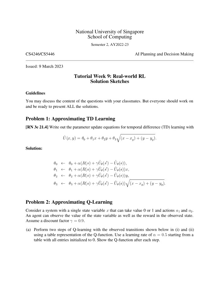 Week 9 Tutorial - Real-world RL Solution Sketches