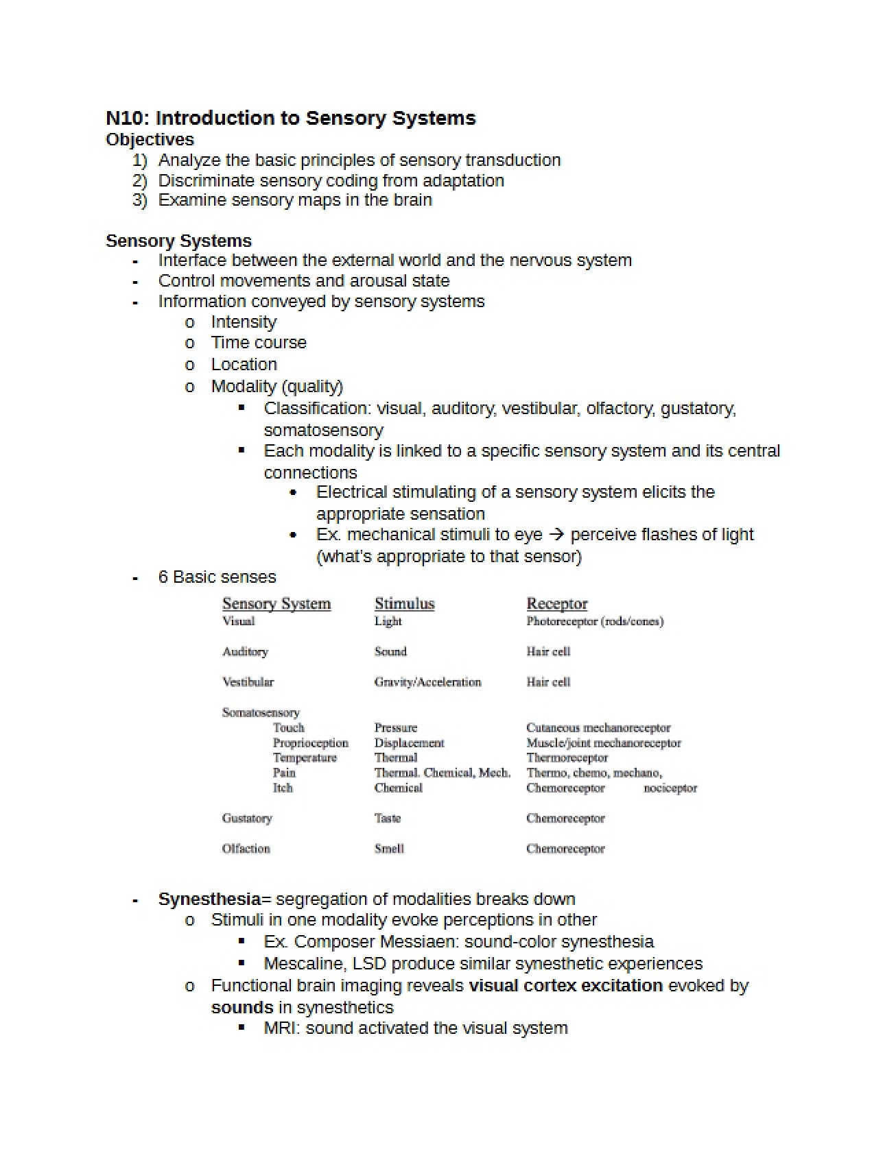 Lecture Review Sensory Systems