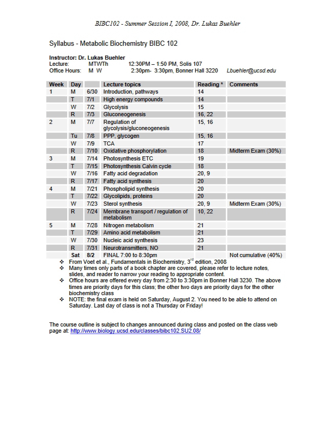 Syllabus for Metabolic Biochemistry