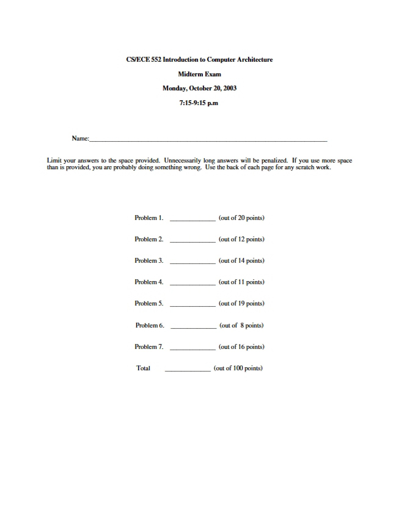 Midterm Exam for CS-ECE 552