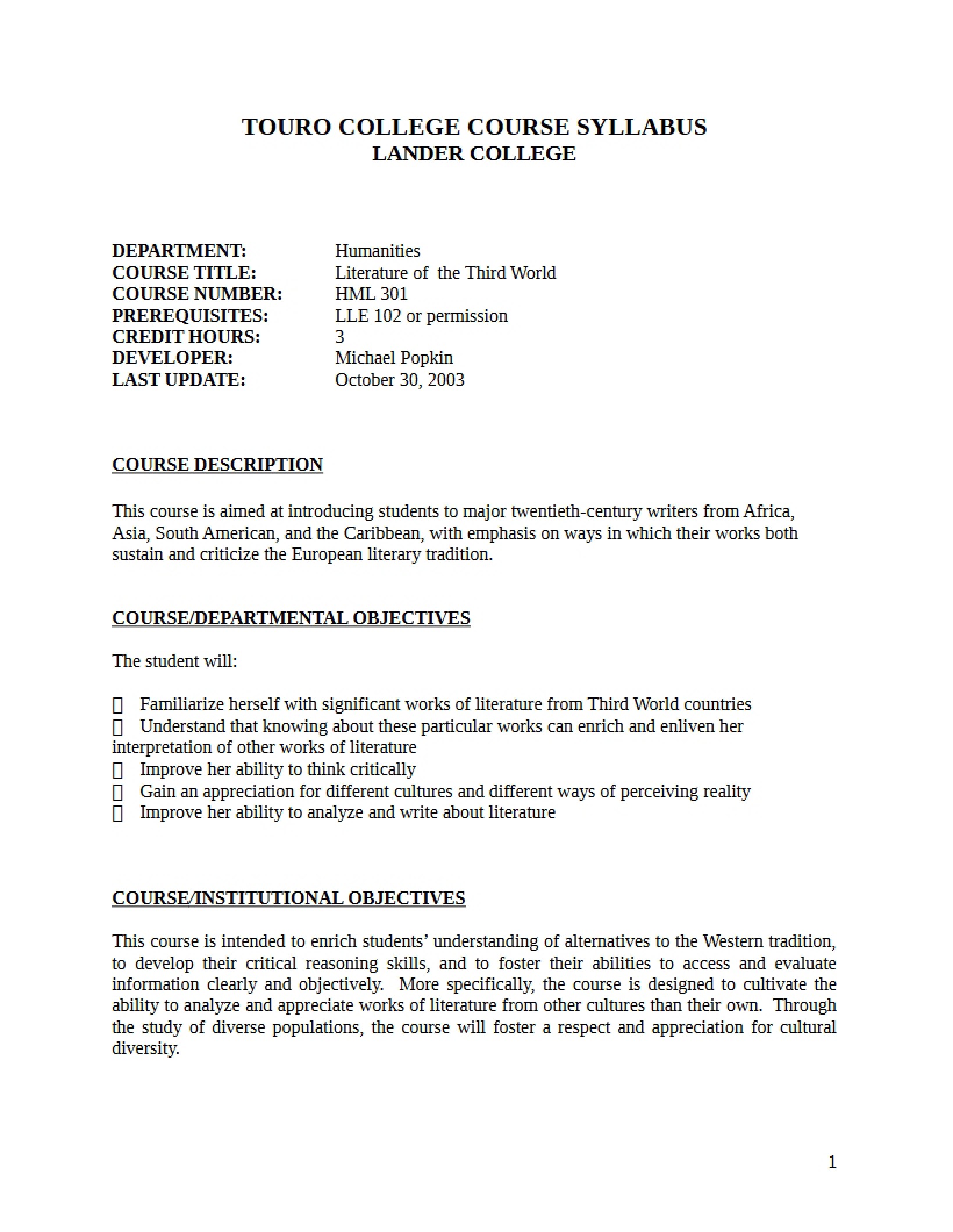 Third World Literature Syllabus