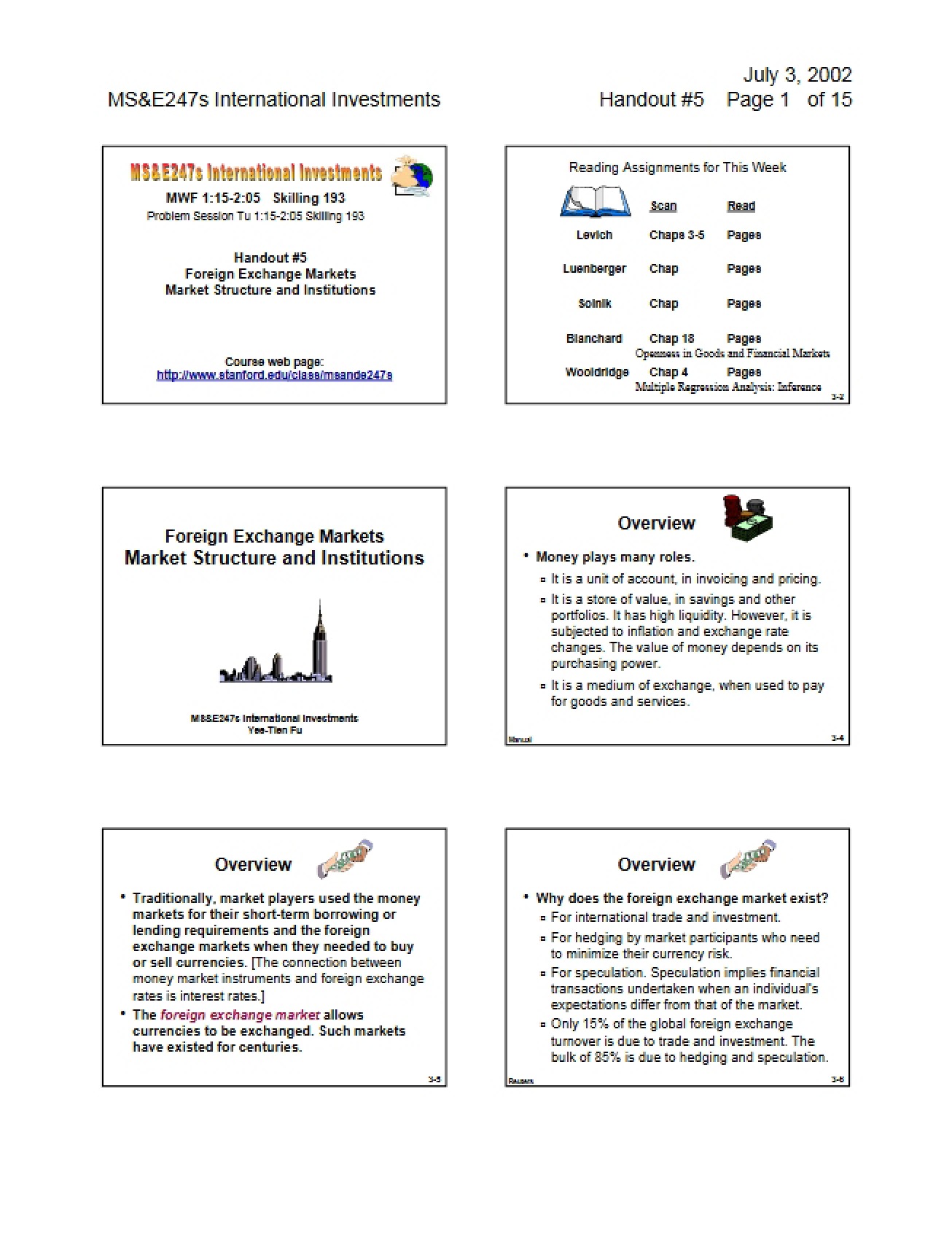 Fifth Handout Structure and Institutions of Foreign Exchange Markets