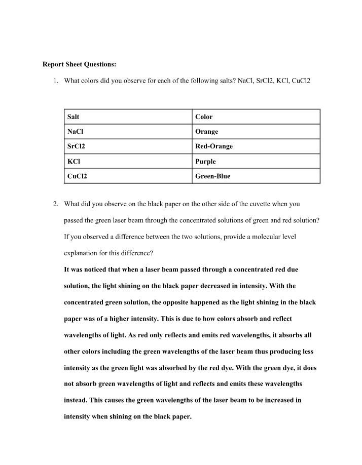 Questions for the Report Sheet